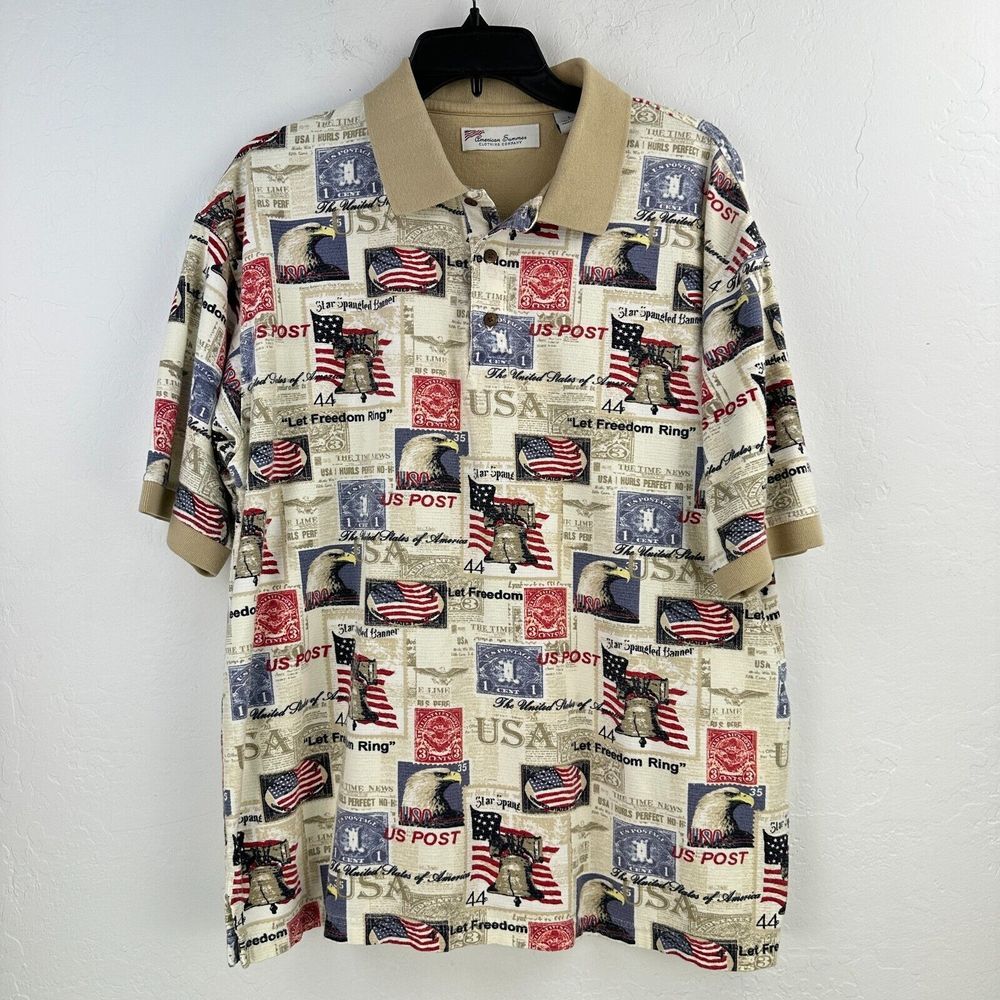 Vtg American Summer Polo Shirt Mens L Cream Post Office USA Flag Stamps‎ Eagle